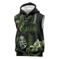 Green Hafa Adai Guam Sleeveless Zip Hoodie Chamorro Latte Stone Hand With Plumeria - Polynesian Pride