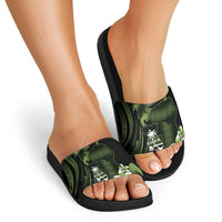 Green Hafa Adai Guam Slide Sandals Chamorro Latte Stone Hand With Plumeria - Polynesian Pride