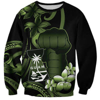 Green Hafa Adai Guam Sweatshirt Chamorro Latte Stone Hand With Plumeria