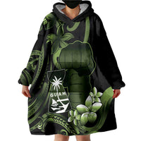 Green Hafa Adai Guam Wearable Blanket Hoodie Chamorro Latte Stone Hand With Plumeria