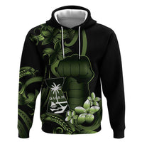 Green Hafa Adai Guam Zip Hoodie Chamorro Latte Stone Hand With Plumeria