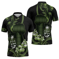 Green Hafa Adai Guam Zipper Polo Shirt Chamorro Latte Stone Hand With Plumeria - Polynesian Pride
