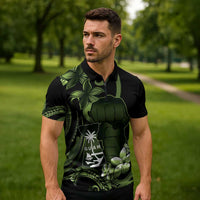 Green Hafa Adai Guam Zipper Polo Shirt Chamorro Latte Stone Hand With Plumeria - Polynesian Pride