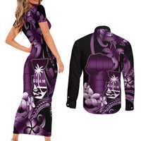 Purple Hafa Adai Guam Couples Matching Short Sleeve Bodycon Dress and Long Sleeve Button Shirt Chamorro Latte Stone Hand With Plumeria