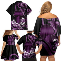 Purple Hafa Adai Guam Family Matching Off Shoulder Short Dress and Hawaiian Shirt Chamorro Latte Stone Hand With Plumeria
