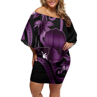 Purple Hafa Adai Guam Family Matching Off Shoulder Short Dress and Hawaiian Shirt Chamorro Latte Stone Hand With Plumeria