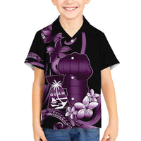 Purple Hafa Adai Guam Family Matching Off Shoulder Short Dress and Hawaiian Shirt Chamorro Latte Stone Hand With Plumeria