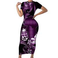 Purple Hafa Adai Guam Short Sleeve Bodycon Dress Chamorro Latte Stone Hand With Plumeria LT14 Long Dress Purple - Polynesian Pride