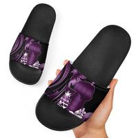 Purple Hafa Adai Guam Slide Sandals Chamorro Latte Stone Hand With Plumeria - Polynesian Pride