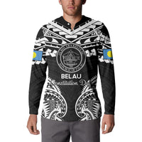 Palau Constitution Day Button Sweatshirt Belau Seal With Polynesian Pattern - Black LT14 - Polynesian Pride