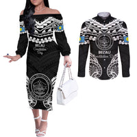 Palau Constitution Day Couples Matching Off The Shoulder Long Sleeve Dress and Long Sleeve Button Shirt Belau Seal With Polynesian Pattern - Black LT14 Black - Polynesian Pride