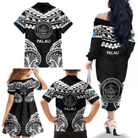 Palau Constitution Day Family Matching Off The Shoulder Long Sleeve Dress and Hawaiian Shirt Belau Seal With Polynesian Pattern - Black