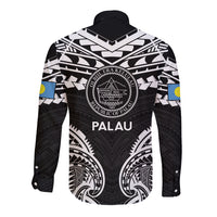 Palau Constitution Day Long Sleeve Button Shirt Belau Seal With Polynesian Pattern - Black