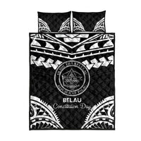 Palau Constitution Day Quilt Bed Set Belau Seal With Polynesian Pattern - Black