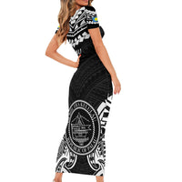 Palau Constitution Day Short Sleeve Bodycon Dress Belau Seal With Polynesian Pattern - Black