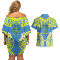 Palau Constitution Day Couples Matching Off Shoulder Short Dress and Hawaiian Shirt Belau Seal With Frangipani Polynesian Pattern - Blue LT14 - Polynesian Pride