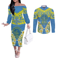 Palau Constitution Day Couples Matching Off The Shoulder Long Sleeve Dress and Long Sleeve Button Shirt Belau Seal With Frangipani Polynesian Pattern - Blue LT14 Blue - Polynesian Pride