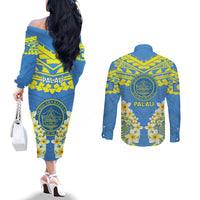 Palau Constitution Day Couples Matching Off The Shoulder Long Sleeve Dress and Long Sleeve Button Shirt Belau Seal With Frangipani Polynesian Pattern - Blue LT14 - Polynesian Pride