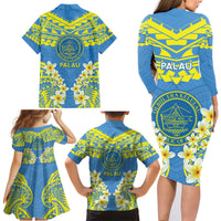 Palau Constitution Day Family Matching Long Sleeve Bodycon Dress and Hawaiian Shirt Belau Seal With Frangipani Polynesian Pattern - Blue LT14 - Polynesian Pride