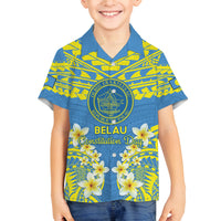Palau Constitution Day Family Matching Off Shoulder Maxi Dress and Hawaiian Shirt Belau Seal With Frangipani Polynesian Pattern - Blue LT14 Son's Shirt Blue - Polynesian Pride