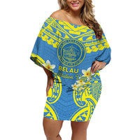 Palau Constitution Day Family Matching Off Shoulder Short Dress and Hawaiian Shirt Belau Seal With Frangipani Polynesian Pattern - Blue LT14 Mom's Dress Blue - Polynesian Pride
