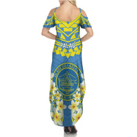 Palau Constitution Day Family Matching Summer Maxi Dress and Hawaiian Shirt Belau Seal With Frangipani Polynesian Pattern - Blue LT14 - Polynesian Pride