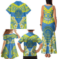 Palau Constitution Day Family Matching Tank Maxi Dress and Hawaiian Shirt Belau Seal With Frangipani Polynesian Pattern - Blue