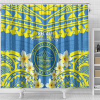Palau Constitution Day Shower Curtain Belau Seal With Frangipani Polynesian Pattern - Blue
