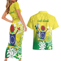 Cook Islands Independence Day Couples Matching Short Sleeve Bodycon Dress and Hawaiian Shirt Kuki Airani Tiare Maori Polynesian Pattern - Green