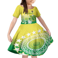 Cook Islands Independence Day Kid Short Sleeve Dress Kuki Airani Tiare Maori Polynesian Pattern - Green