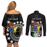Cook Islands Independence Day Couples Matching Off Shoulder Short Dress and Long Sleeve Button Shirt Kuki Airani Tiare Maori Polynesian Pattern - Black LT14 - Polynesian Pride
