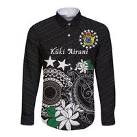 Cook Islands Independence Day Long Sleeve Button Shirt Kuki Airani Tiare Maori Polynesian Pattern - Black