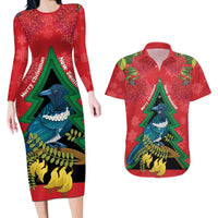 New Zealand Christmas In July Couples Matching Long Sleeve Bodycon Dress and Hawaiian Shirt Kowhai Tui Bird With Pohutukawa - Red