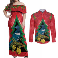 New Zealand Christmas In July Couples Matching Off Shoulder Maxi Dress and Long Sleeve Button Shirt Kowhai Tui Bird With Pohutukawa - Red
