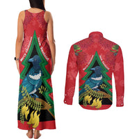 New Zealand Christmas In July Couples Matching Tank Maxi Dress and Long Sleeve Button Shirt Kowhai Tui Bird With Pohutukawa - Red