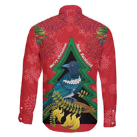 New Zealand Christmas In July Family Matching Off The Shoulder Long Sleeve Dress and Hawaiian Shirt Kowhai Tui Bird With Pohutukawa - Red