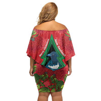 New Zealand Christmas In July Family Matching Off Shoulder Short Dress and Hawaiian Shirt Kowhai Tui Bird With Pohutukawa - Red