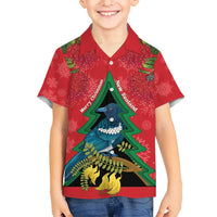 New Zealand Christmas In July Kid Hawaiian Shirt Kowhai Tui Bird With Pohutukawa - Red