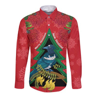 New Zealand Christmas In July Long Sleeve Button Shirt Kowhai Tui Bird With Pohutukawa - Red