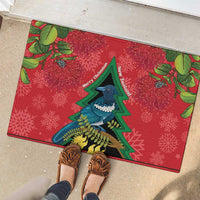 New Zealand Christmas In July Rubber Doormat Kowhai Tui Bird With Pohutukawa - Red