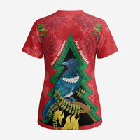 New Zealand Christmas In July Scrub Top Kowhai Tui Bird With Pohutukawa - Red - Polynesian Pride