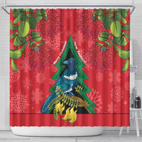 New Zealand Christmas In July Shower Curtain Kowhai Tui Bird With Pohutukawa - Red
