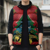 New Zealand Christmas In July Sleeveless Puffer Jacket Kowhai Tui Bird With Pohutukawa - Red - Polynesian Pride