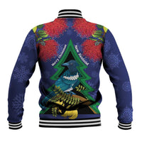 New Zealand Christmas In July Baseball Jacket Kowhai Tui Bird With Pohutukawa - Blue