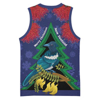 New Zealand Christmas In July Basketball Jersey Kowhai Tui Bird With Pohutukawa - Blue - Polynesian Pride