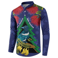 New Zealand Christmas In July Button Sweatshirt Kowhai Tui Bird With Pohutukawa - Blue