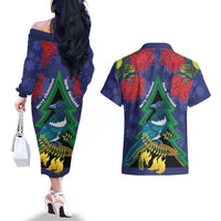 New Zealand Christmas In July Couples Matching Off The Shoulder Long Sleeve Dress and Hawaiian Shirt Kowhai Tui Bird With Pohutukawa - Blue