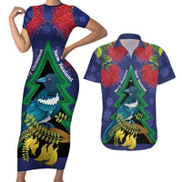 New Zealand Christmas In July Couples Matching Short Sleeve Bodycon Dress and Hawaiian Shirt Kowhai Tui Bird With Pohutukawa - Blue
