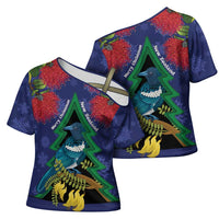 New Zealand Christmas In July Cross Shoulder Shirt Kowhai Tui Bird With Pohutukawa - Blue - Polynesian Pride