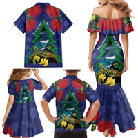 New Zealand Christmas In July Family Matching Mermaid Dress and Hawaiian Shirt Kowhai Tui Bird With Pohutukawa - Blue